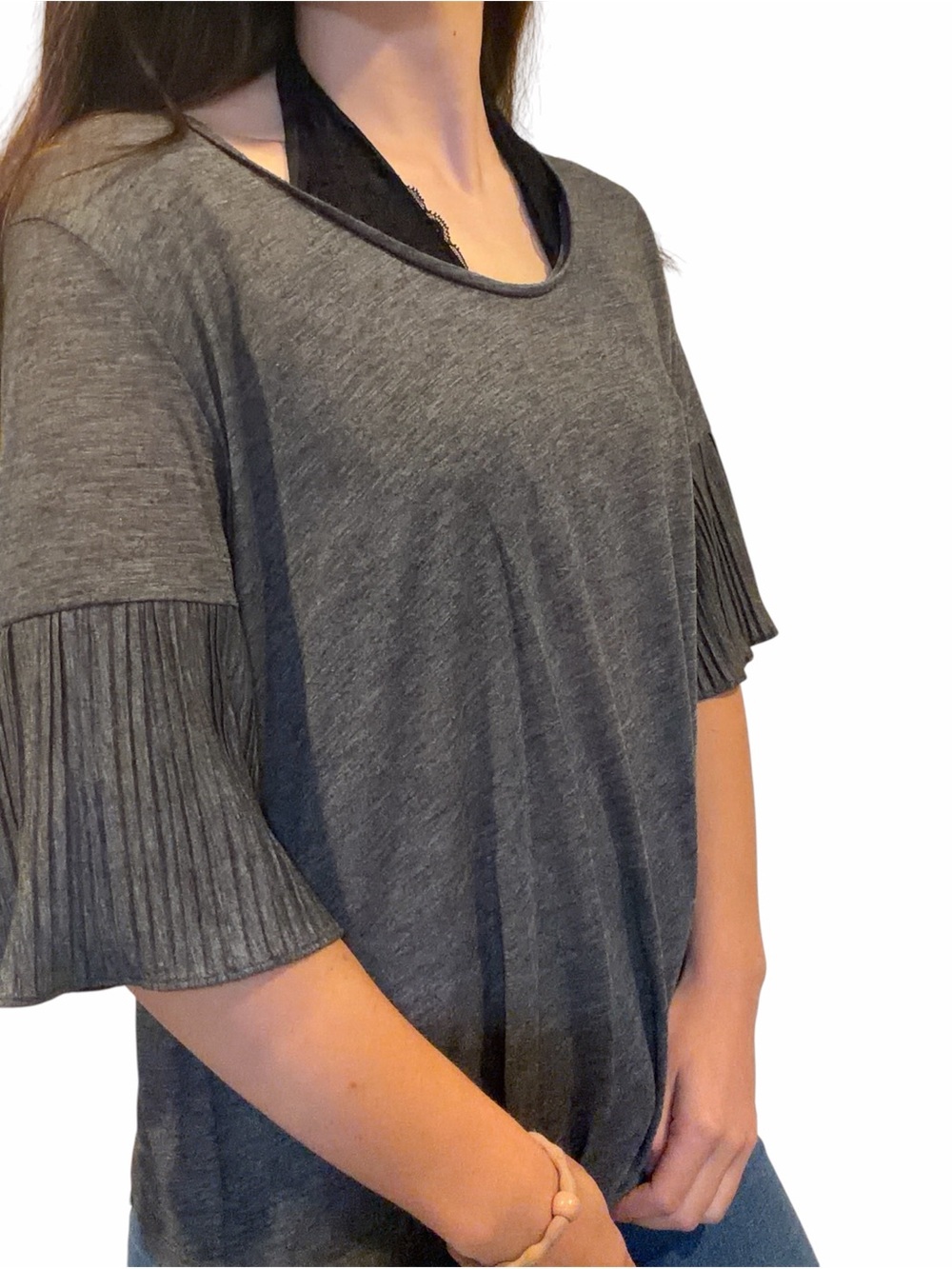 LOFT Ann Taylor Women’s Large Charcoal Gray Pleated Bell Sleeve Blouse Flowy Top